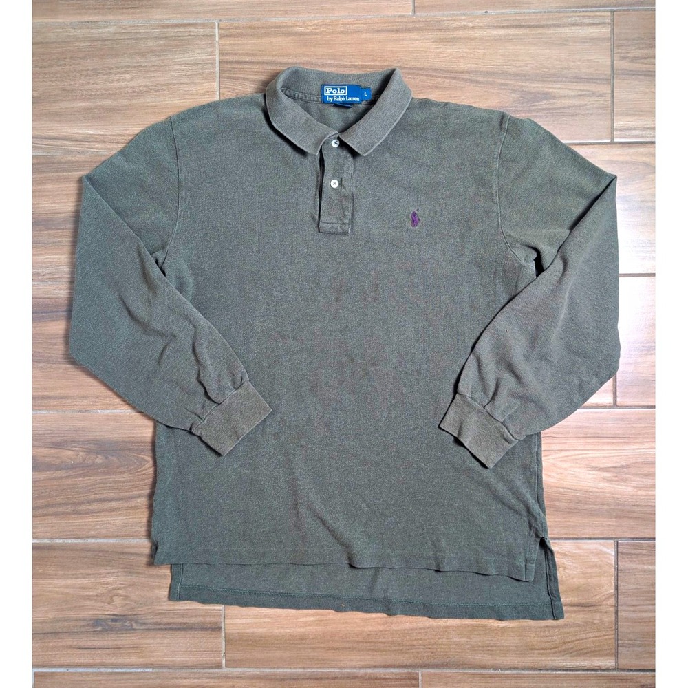 Polo Ralph Lauren Men's Large Olive Green Long Sleeve Polo Shirt Purple Pony